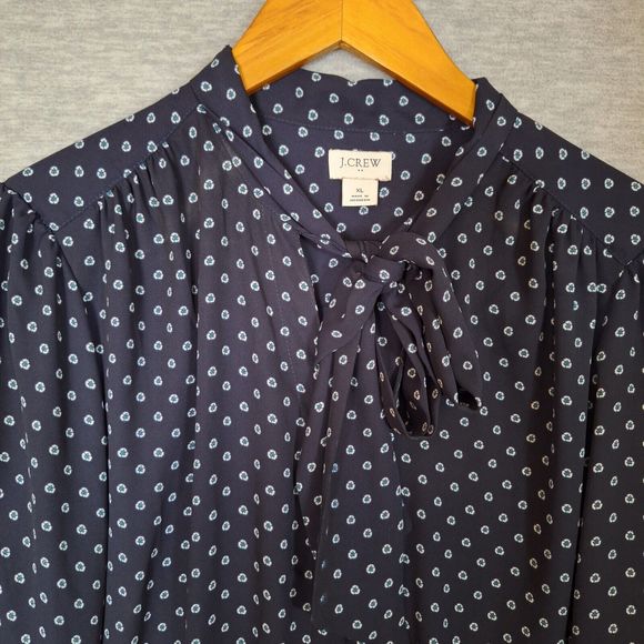 J Crew Womens Blouse Top XL Navy Blue Tie Neck Drapey Poplin Long Sleeve Office - Picture 4 of 8